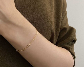 14k Solid Gold Oval Link Chain Bracelet, Simple Minimalist Gold Bracelet, Thin Chain Bracelet, Everyday Adjustable Chain Length Bracelet