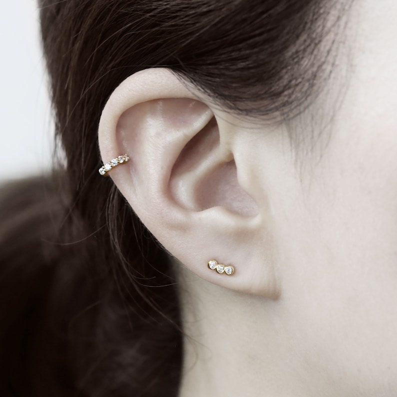 14k Solid Gold Dainty Trinity CZ Stud Earring Small CZ Bar Etsy