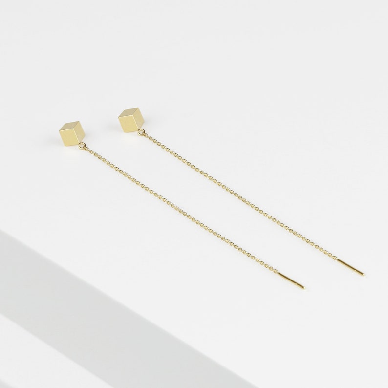 14k Solid Gold Cube Threader Earring Drop Earring Delicate Etsy