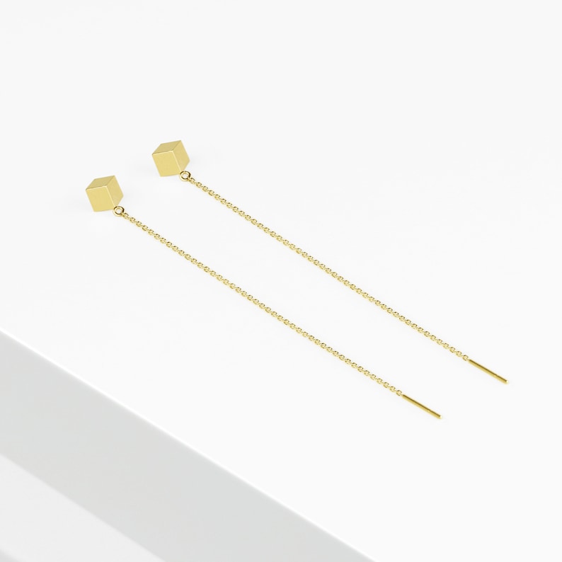 14k Solid Gold Cube Threader Earring Drop Earring Delicate Etsy