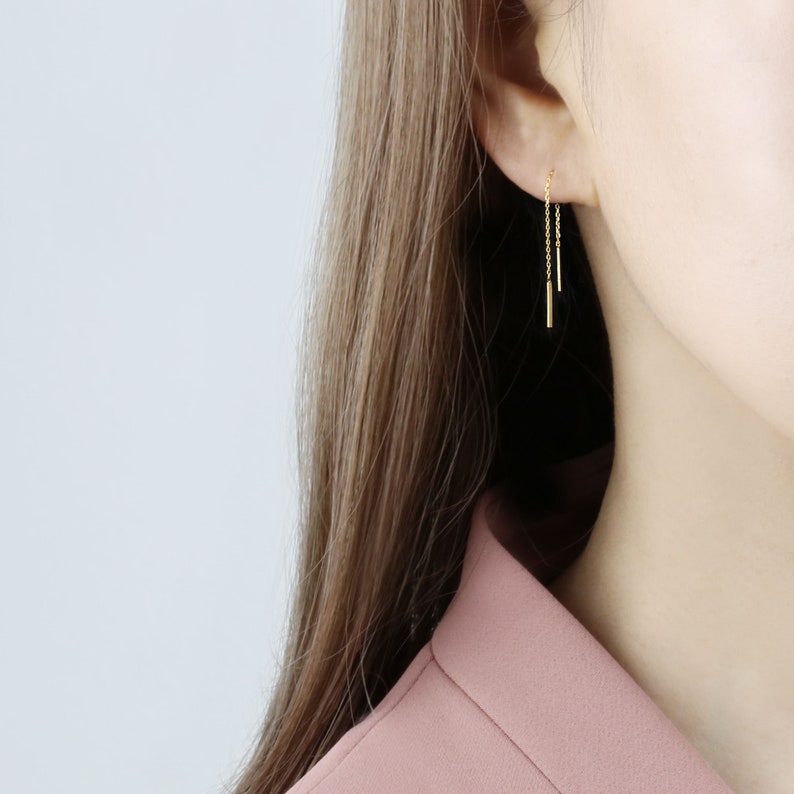 14k Solid Gold Rectangle Bar Threader Earring Drop Earring Etsy