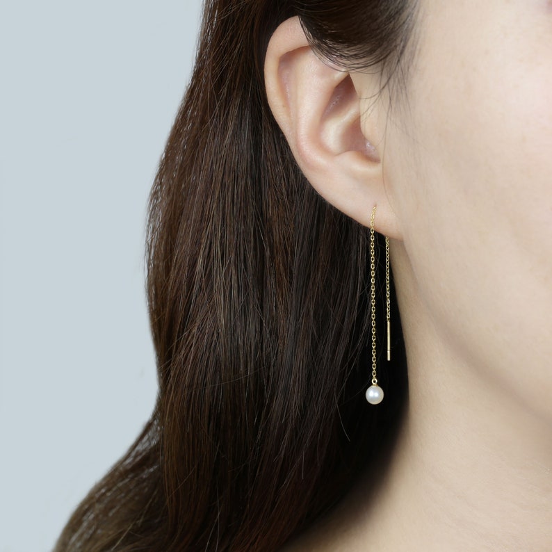 14k Solid Gold Threader Freshwater Pearl Drop Earring, Dangle Chain Earring, Double Hole Earring, Simple Elegant Earring, Double Piercing image 4