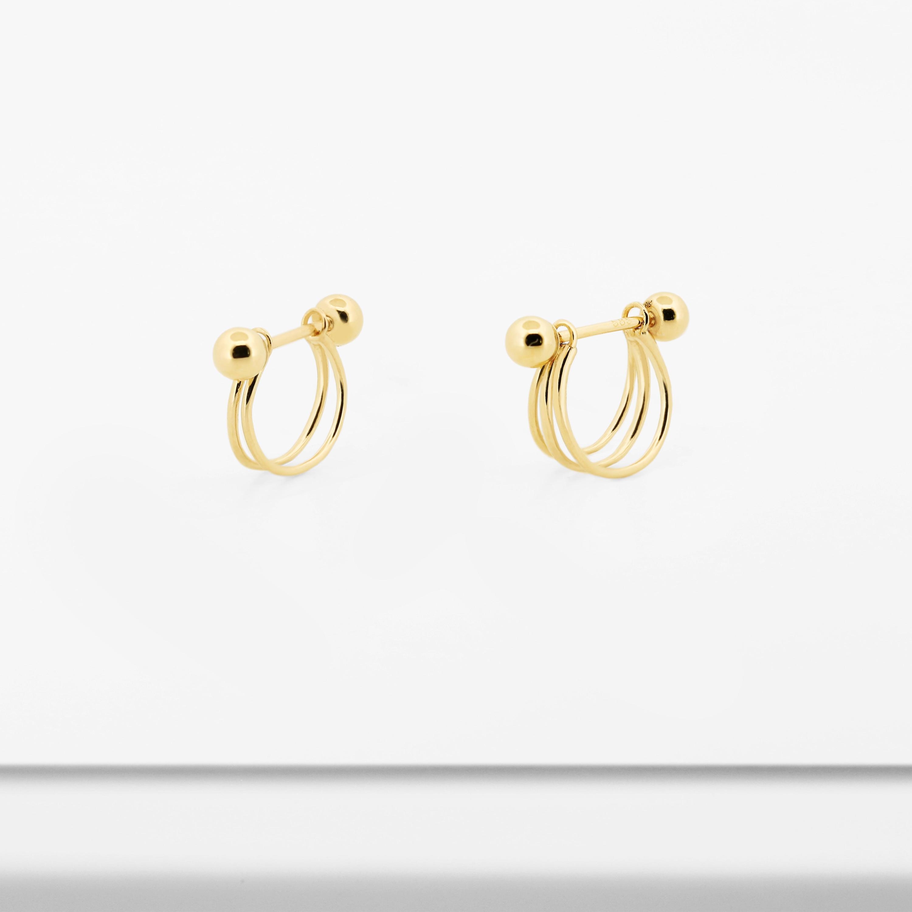 14k Solid Gold Small Ball Stud w/ Detachable Cuff Earring, Double Triple Cuff Earring, Lobe Cartilage helix piercing, Screw Back Earring