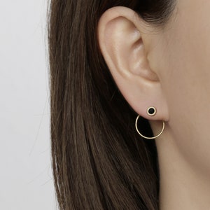 14k Solid Gold Black Stone Circle Ear Jacket Earring, Modern Simple Earring, 14k Gold Minimalist Earring, Wire Earring, Threader Earring