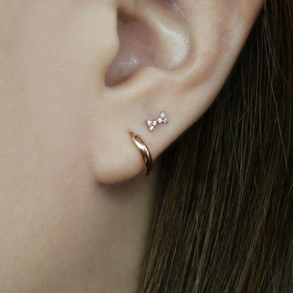 14k Solid Rose Gold Small Ribbon CZ Stud Earring Tiny Screw Back