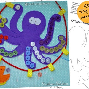 Pode incluir: Polvo de feltro roxo com bot&otilde;es coloridos costurados em cada tent&aacute;culo. O polvo &eacute; cercado por um c&iacute;rculo vermelho com la&ccedil;os de fita amarela. Um pequeno peixe laranja de feltro est&aacute; no canto inferior esquerdo. O texto "PDF, FCM, SVG pattern" e "Octopus template" est&aacute; no canto superior direito.