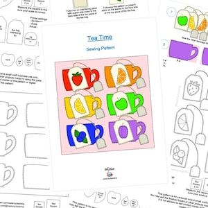 May include: A sewing pattern titled "Tea Time" featuring colorful illustrations of tea cups and tea bags with fruit designs. The pattern includes instructions and templates for creating tea-themed crafts. Additional pages show tea bag templates and cup outlines.