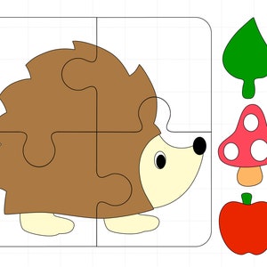 Könnte beinhalten: Ein braunes Igel-Puzzle mit vier Teilen. Das Puzzle befindet sich auf einem weißen Hintergrund mit einem Gittermuster. Es gibt drei zusätzliche Teile: ein grünes Blatt, einen roten Pilz mit weißen Punkten und einen roten Apfel.