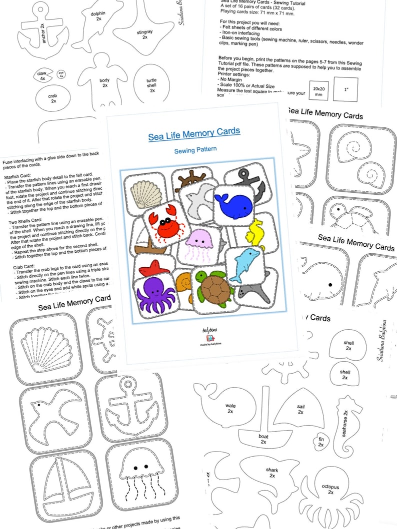 PDF, FCM, SVG Sea Life Memory Game Cards Sewing Pattern + Instructions ...
