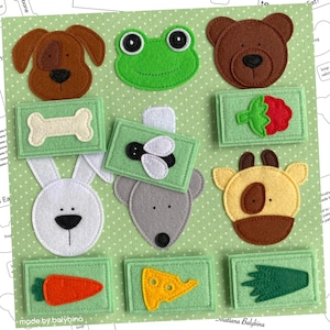 PDF, FCM, SVG "¿Qué comen los animales?" Patrón de página de libro silencioso + instrucciones de costura