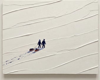 Sneeuwschilderij, volledig met de hand geschilderd | 3D-textuur, minimalistische skikunst | Moderne woondecoratie, eigentijds sneeuwlandschap als wanddecoratie