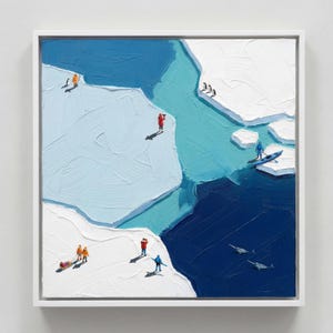 May include: Square framed oil painting depicting an arctic scene. White and blue ice floes float in dark blue water. Miniature figures in red, orange, and blue clothing are scattered across the ice, some observing, others on a kayak. Penguins and narwhals are also present.