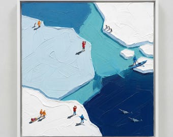 100% Hand Painted Glacier Oil Painting Gift | 3D Textured Minimalist Iceberg Art | Modern Home Decor, Contemporary Cold Tone Wall Art