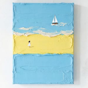 Arte minimalista con textura 3D de la costa | Pintura al óleo de la costa 100% pintada a mano | Decoración moderna para el hogar, arte mural contemporáneo en tonos fríos