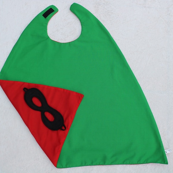 Reversible Younger Child Green Red superhero cape & mask superhero dress up fancy dress