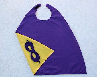 Reversible Younger Child Purple Yellow superhero cape & mask superhero dress up fancy dress