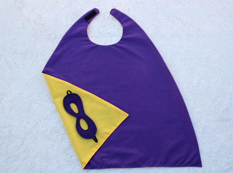 Reversible Younger Child Purple Yellow superhero cape & mask superhero dress up fancy dress image 1