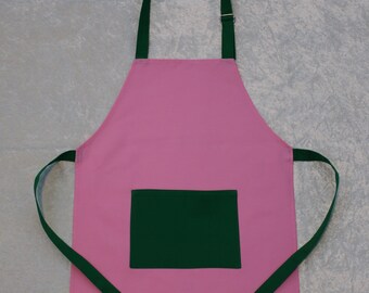 5-11yrs Older Child Apron Pink with Green Polycotton Drill Adjustable Neck Strap