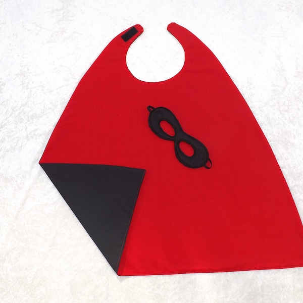 Reversible Younger Child Black Red superhero cape & mask superhero dress up fancy dress