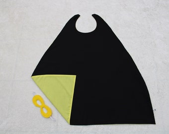 Reversible Black and Yellow Superhero Cape & Yellow Mask SUPERHERO Dress Up FANCY DRESS