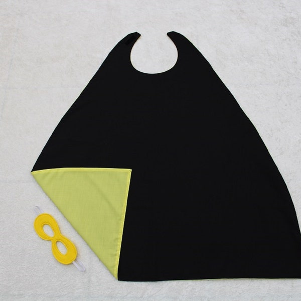 Reversible Black and Yellow Superhero Cape & Yellow Mask SUPERHERO Dress Up FANCY DRESS