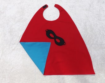 Reversible Younger Child Turquoise Red superhero cape & mask superhero dress up fancy dress