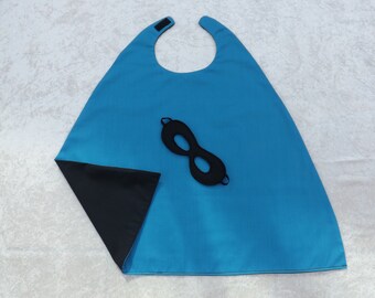 Reversible Younger Child Black Turquoise superhero cape & mask superhero dress up fancy dress