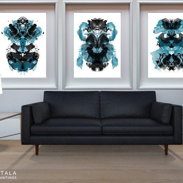 Watercolor Rorschach inkblot wall art blue black set of 3 prints, black white abstract wall art therapy office decor, rorschach art prints