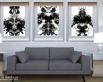 Inkblot Rorschach Watercolor set of 3 art prints posters,  abstract wall art therapy office decor, inkblot prints for modern office