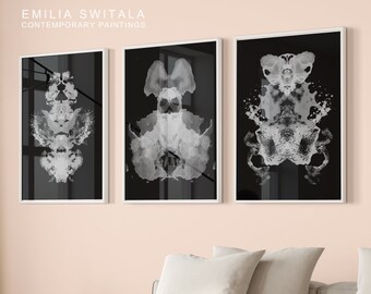 Rorschach Test Art Prints Set, Rorschach Gray Black Art, Therapy 3 Prints, Psychologist Office Decor, Rorschach Ink Blot Ink Blot Prints