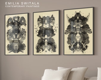 Inkblot Print Retro Rorschach Test 3 Art Prints Set, Beige Black Inkblot Rorschach Watercolor Art Psychology Psychiatry Gift Idea