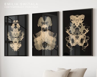 Rorschach estilo vintage mancha de tinta beige negro psicología imprime acuarela, arte de pared grande terapia abstracta carteles de decoración de oficina