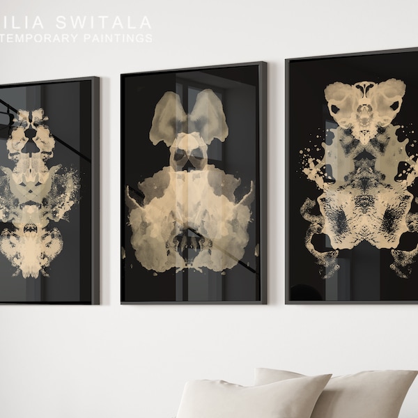 Rorschach vintage style inkblot beige black psychology prints watercolor, large wall art abstract therapy office decor posters