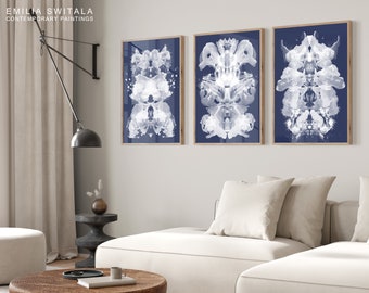 Impresiones de prueba de Rorschach, conjunto de 3 impresiones de arte blanco azul para consultorio médico, impresiones de arte de manchas de tinta, impresión de arte abstracto de Rorschach Giclee en acuarela