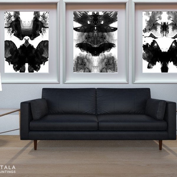 Rorschach test set of 3 prints, black white abstract wall art therapy office decor, inkblot test rorschach prints for modern home office