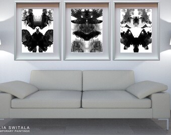 Psychology art, Rorschach print, Ink blot art, Medical art, Psychiatry art, Rorschach test, Rorschach wall art,  3 piece wall art