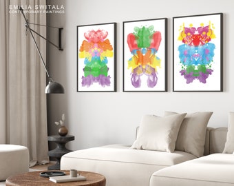 3 carteles de la prueba de Rorschach Inkblot acuarela bellas artes, arte de Rorschach imprime arte abstracto de la pared, arte de la psicología, decoración clínica