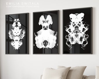 Rorschach Inkblot Test Art Prints Black and White Set, Watercolor Monochromatic Posters, Psychology Psychiatry Psychotherapist Wall Art