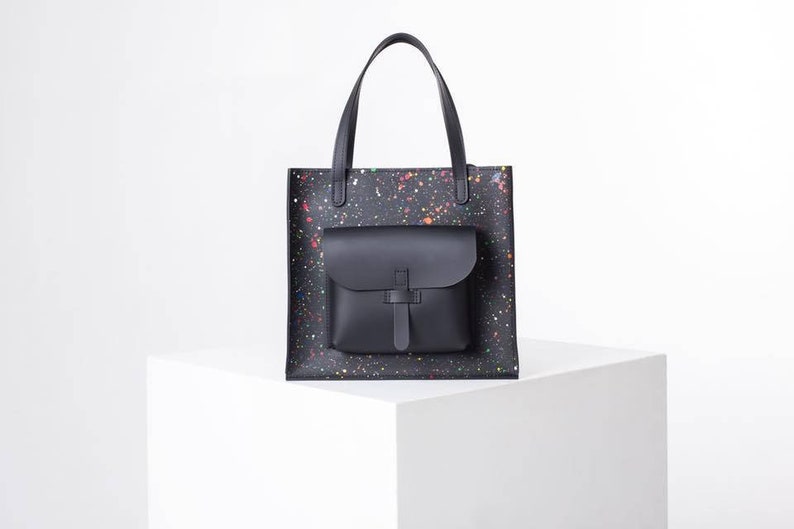black leather work tote