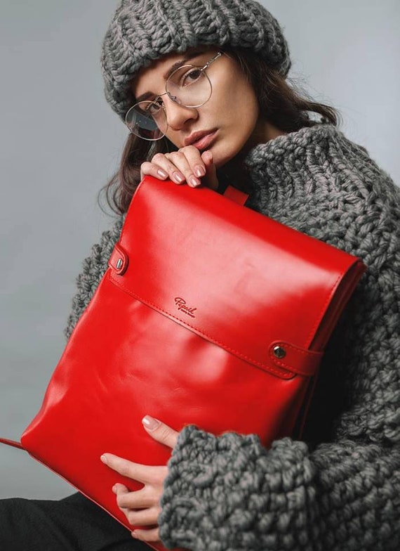 Red leather backpack Minimalist backpack Leather Etsy