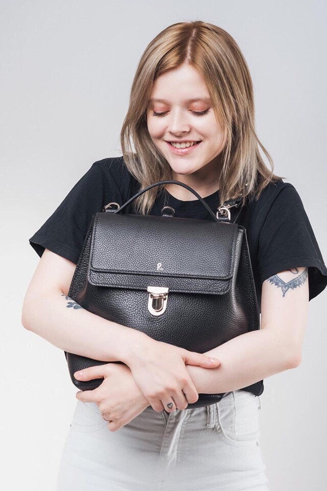 Black leather backpack Stylish leather rucksack Womens Etsy