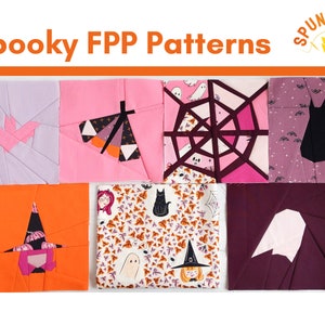 May include: Six different fabric squares with Halloween-themed patterns. The squares are made using the fussy cutting technique. The patterns include a witch, a ghost, a bat, a spiderweb, a cat, and a pumpkin. The squares are all in different colors, including orange, pink, purple, and brown.