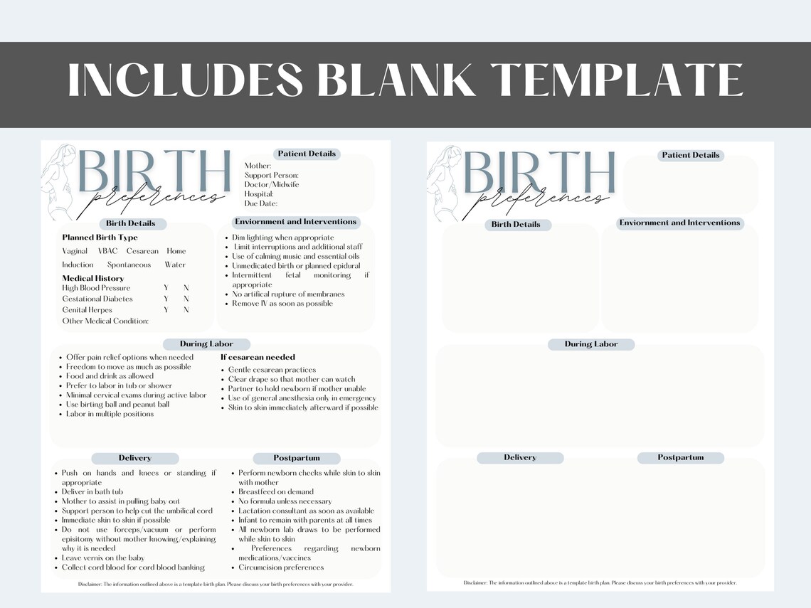 Birth Plan Template Editable Printable Birthing Plan Printable Birth ...