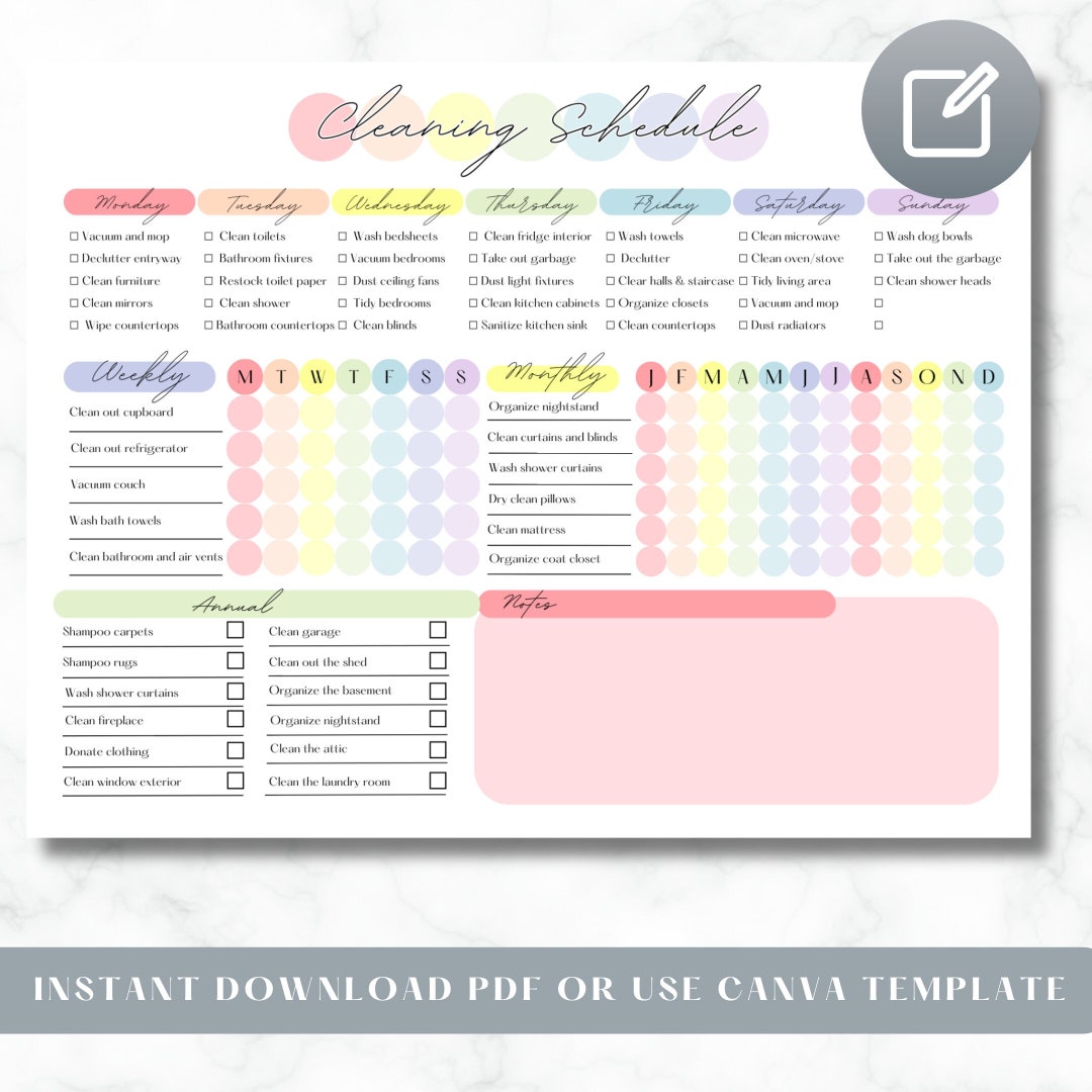 EDITABLE Rainbow Cleaning Checklist Custom Cleaning Calendar and ...