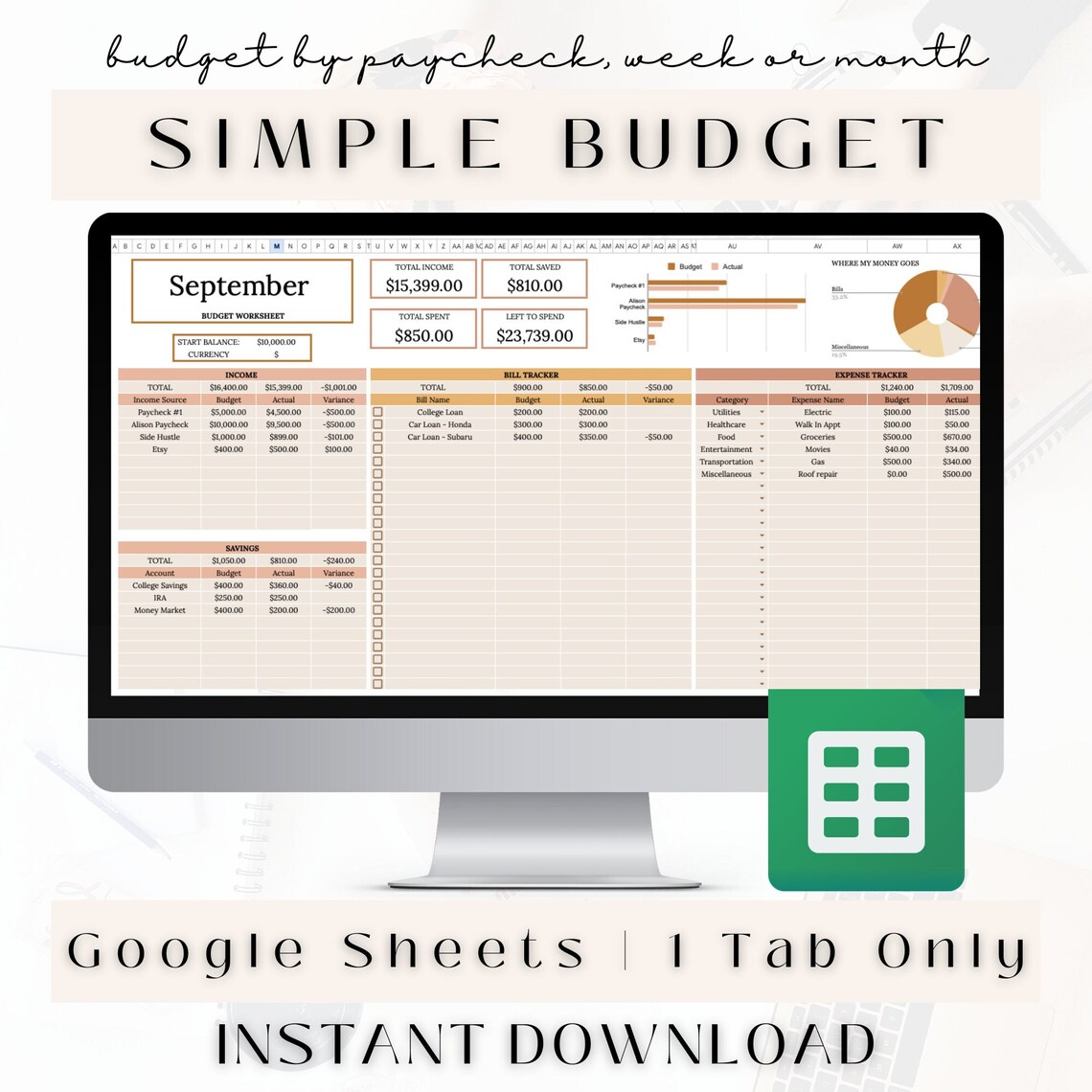 Budget Planner for Google Sheets Beginners Monthly Weekly Budget ...