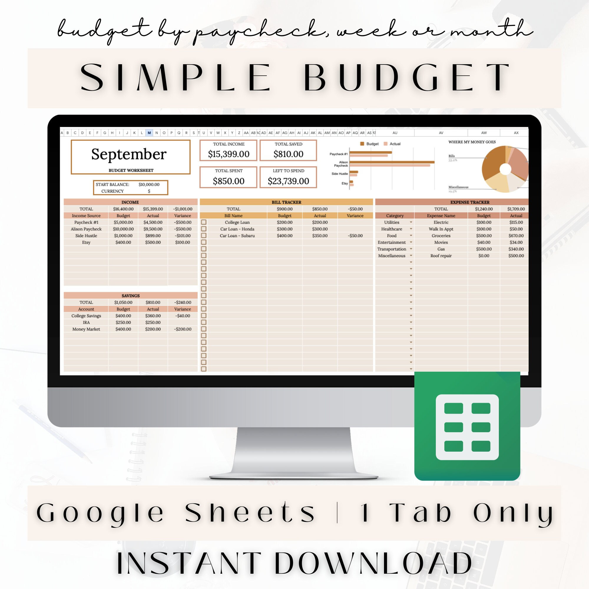 Budget Planner for Google Sheets Beginners Monthly Weekly Budget ...