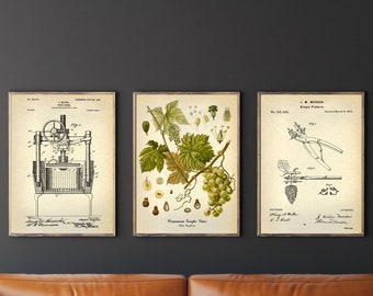 Vintage Wine Poster set of 3, Botanical Wall Art, Patent Art, Wine making art, Grape Vine, Wine Press Grape Picker patents, Home wall decor