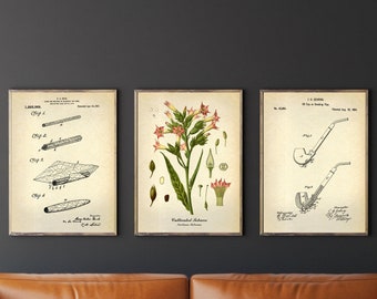 Tobacco Poster set of 3 prints, Nicotine Botanical Wall Art, Vintage Cigar, Smoking Pipe patent posters, Tobacco Botanical print, wall decor