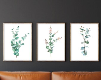 Eucalyptus print set of 3 botanical watercolor illustrations, Eucalyptus branch poster, watercolor greenery wall art décor,