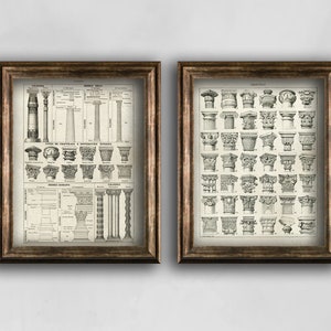 Architectural poster set of 2, Vintage Architectural Orders Capitals Wall art, French Antique art posters, Science illustration Wall Art